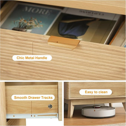 LYNCOHOME 3 Drawer Fluted Nightstand, Modern Wood Night Stand with Curved Profile, Fluted Tall Nightstand with Drawers, Light Oak