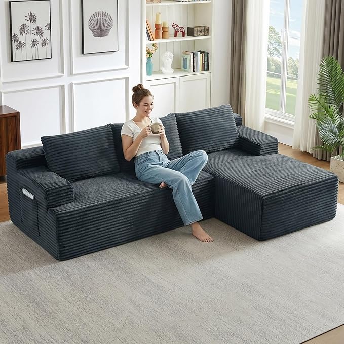 96" Cloud Sectional Couch with L-Shape Chaise, Modular Comfy Sofa Chaise Longue, Upholstered Corduroy Couches Sleeper with Deep Seat for Living Room Bedroom, No Assembly Required(Grey, Right Facing)