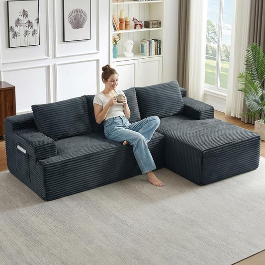 96" Cloud Sectional Couch with L-Shape Chaise, Modular Comfy Sofa Chaise Longue, Upholstered Corduroy Couches Sleeper with Deep Seat for Living Room Bedroom, No Assembly Required(Grey, Right Facing)