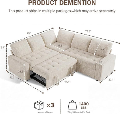 Sunny Heart Chenille Modular Sectional Sleeper Sofa with Pull Out Bed, L Shaped Sectional Sofa with USB Ports/Adjustable Backrest/Storage Seats, Tool-Free Assembly, Couches for Living Room Beige