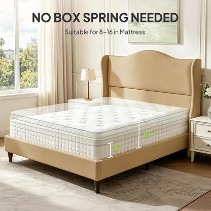 Welzona Full Size Bed Frame 51" Tall Wingback Headboard, Soft Fabric Upholstered Platform Bed with Solid Wood Legs and Wooden Slats Support, No Box Spring Needed, Easy Assembly,Fawn Brown
