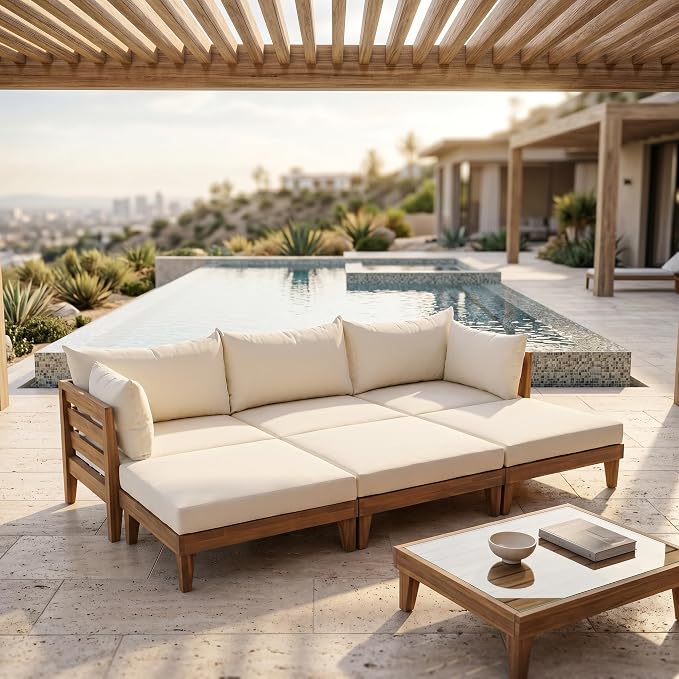 VilroCaz 6-Piece Acacia Wood Outdoor Modular Sectional Patio Sofa Set, Converts to a Daybed, All-Weather Conversation Set with 5 Pillows and 6 Cushions for Backyard, Poolside, Garden