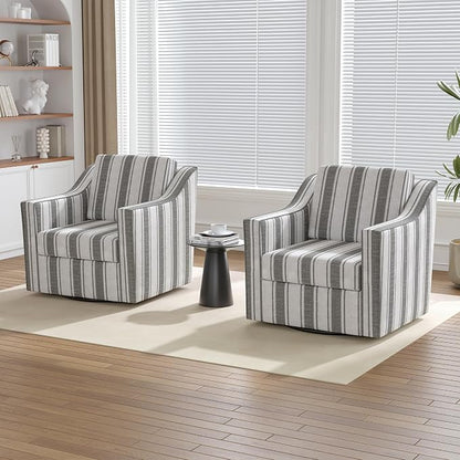 Swivel Accent Chairs Set of 2, 360° Swivel Upholstered Club Armchairs for Living Room, Comfy Fabric Single Sofa Reading Chair with Deep Seat, Metal Swivel Base, Gray Stripe