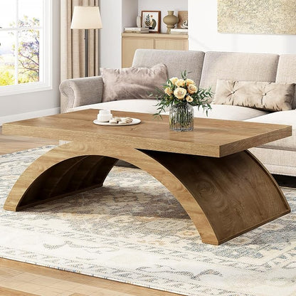 HSH 47" Modern Rectangle Wood Coffee Table for Living Room, Arched Base | Large Rectangular Center Table, Low Table with Sculptural Arched Base, Annual Ring Wood Grain, 200 lb Capacity, Easy Assembly