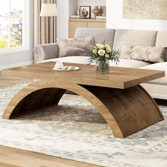 HSH 47" Modern Rectangle Wood Coffee Table for Living Room, Arched Base | Large Rectangular Center Table, Low Table with Sculptural Arched Base, Annual Ring Wood Grain, 200 lb Capacity, Easy Assembly