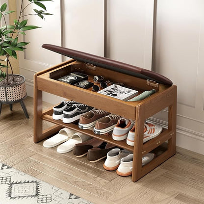 IUNVR Shoe Rack Bench with Hidden Storage, 2-TierSolid Rubberwood Entryway Bench with SoftLeather Cushioned Seat & Flip-Top Storage,330lbs Capacity, Wooden Shoe Organizer forHallway, Closet, Foyer