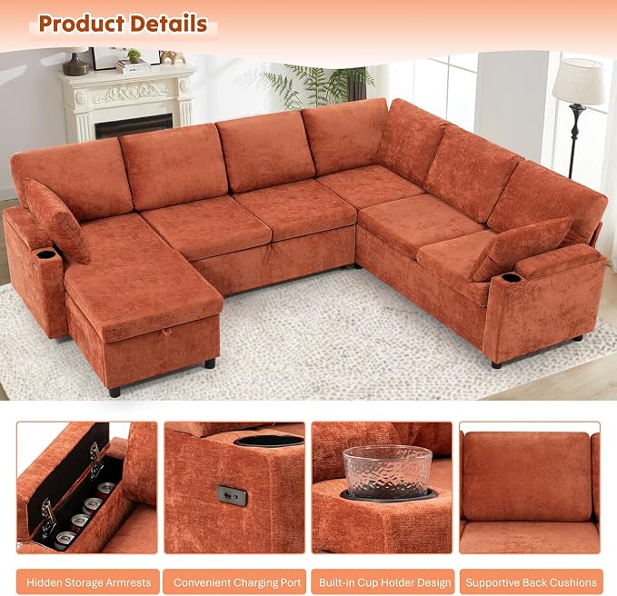 110" Chenille Sectional Sofa w/Pull Out Bed &Storage Chaise, Orange | Reversible U Shape Sofa w/Storage Armrests & Cup Holders, Corner Couch w/USB Charging Port & Throw Pillows for Living Room
