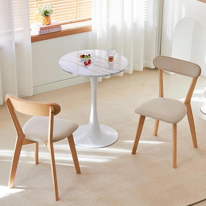 Round Dining Table, 24" Circle Tulip Table with Thickened Tabletop & Metal Pedestal, Mid Century Modern Bistro Table for Kitchen, Small Places, Living Room, Cafe (Faux Marble White)