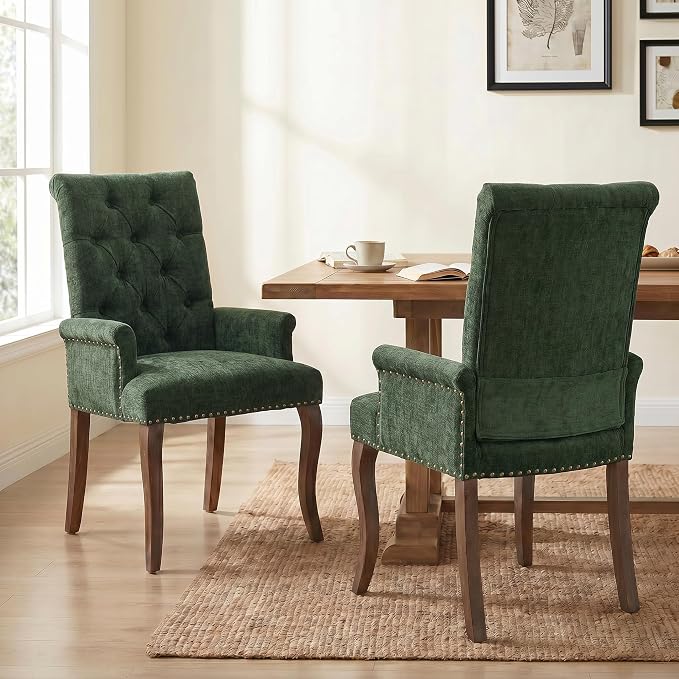 Upholstered Dining Chairs with Arms Set of 2, Olive Green, 2 Pack | Tufted Chenille Kitchen Chairs with Arms, Modern Farmhouse Armchair with Nailhead Trim for Dining Room, Home Office