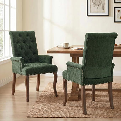 Upholstered Dining Chairs with Arms Set of 2, Olive Green, 2 Pack | Tufted Chenille Kitchen Chairs with Arms, Modern Farmhouse Armchair with Nailhead Trim for Dining Room, Home Office