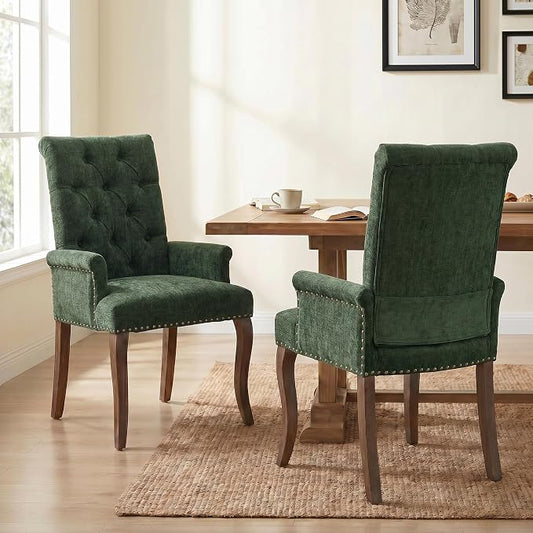 Upholstered Dining Chairs with Arms Set of 2, Olive Green, 2 Pack | Tufted Chenille Kitchen Chairs with Arms, Modern Farmhouse Armchair with Nailhead Trim for Dining Room, Home Office