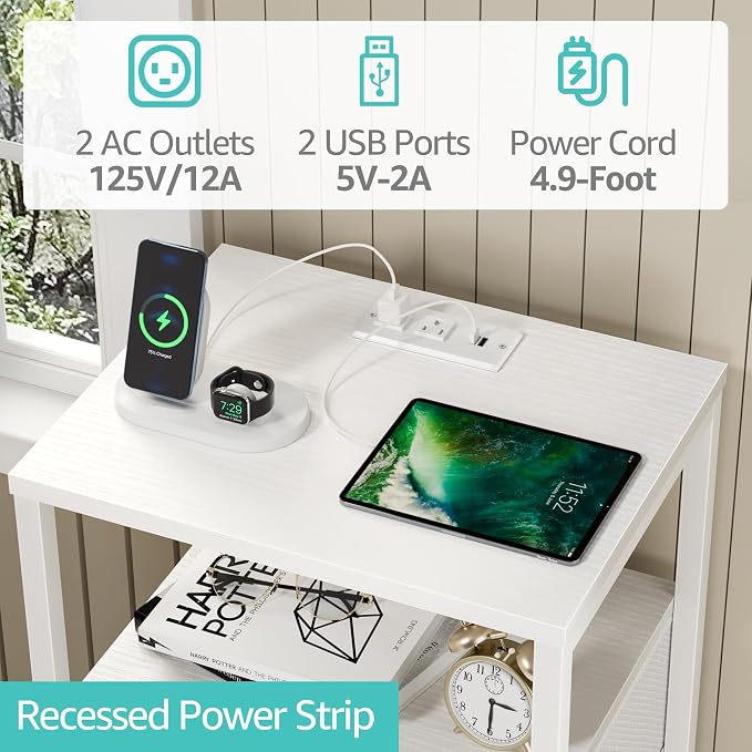 BOLUO White Dresser with 5 Drawers Tall Nightstand with Charging Station and LED Light, Bedside Table Room Storage Drawers Closet