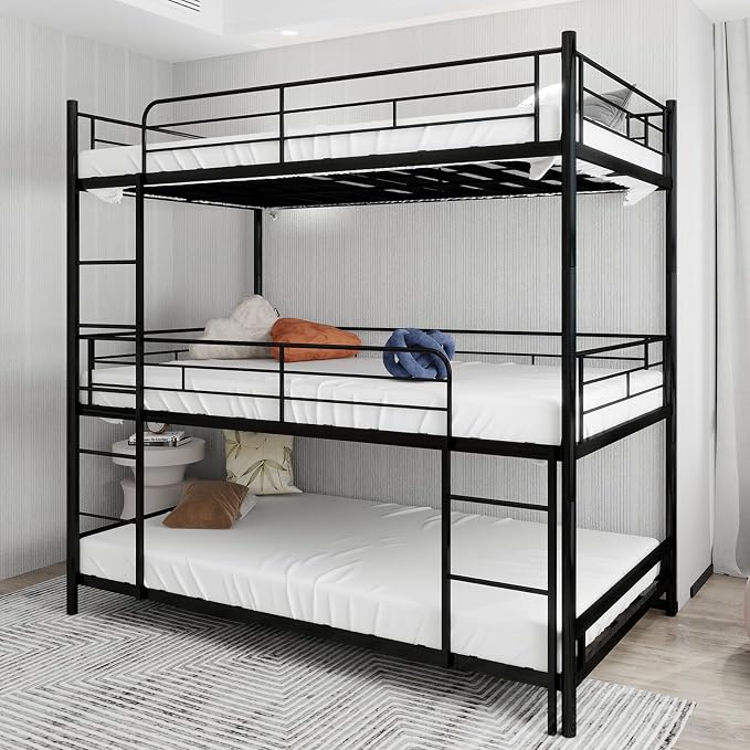 Triple Bunk Bed, Twin Over Twin Heavy Duty Metal 3 Bunk Beds with Safety Guardrails and Dual Ladders, Metal Bunk Bed for 3, Convertible to 3 Beds for Teens & Adults, Black | triple bunk beds