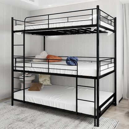 Triple Bunk Bed, Twin Over Twin Heavy Duty Metal 3 Bunk Beds with Safety Guardrails and Dual Ladders, Metal Bunk Bed for 3, Convertible to 3 Beds for Teens & Adults, Black | triple bunk beds