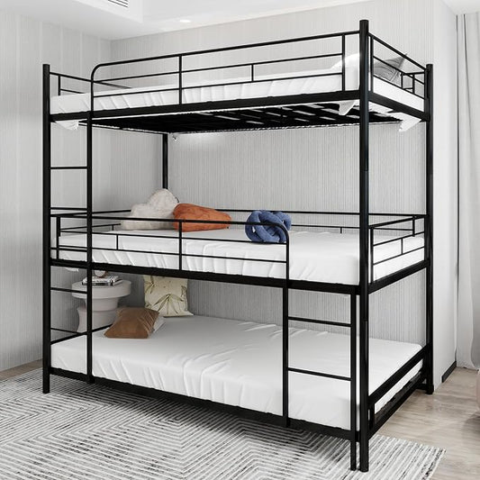 Triple Bunk Bed, Twin Over Twin Heavy Duty Metal 3 Bunk Beds with Safety Guardrails and Dual Ladders, Metal Bunk Bed for 3, Convertible to 3 Beds for Teens & Adults, Black | triple bunk beds