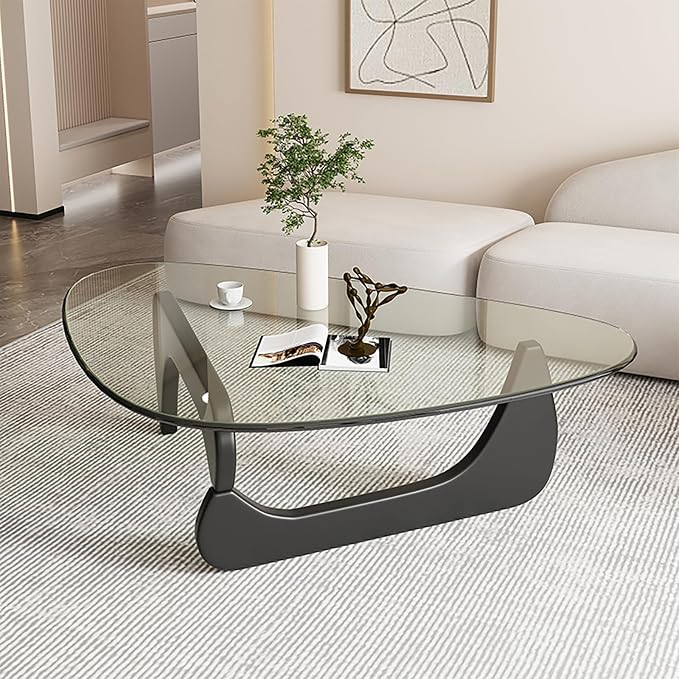 Mid Century Modern Glass Coffee Table, Coffee Table for Living Room, Noguchi Coffee Tables,Suitable for Bedroom Living Room Reception Office Tables (Black/Transparent, ML)