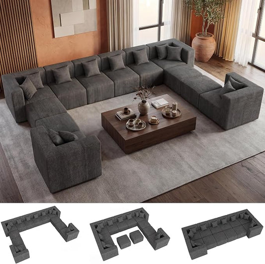 MONVANE Modular Sectional Sofa, Oversized 12 Seat Convertible U Shaped Couch with Ottoman, Comfy Chenille Cloud Couch with Deep Seat, Sectional Couches for Living Room, No Assembly Required, Grey