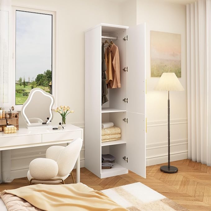 Timechee Almirah for Clothes, 74.8" Tall Bedroom Closet Storage Cabinet with Doors and Shelves, Hanging Rod, 2 Door Narrow Bathroom Storage Cabinet, White Narrow Wardrobe Clothes Closet for Bedroom