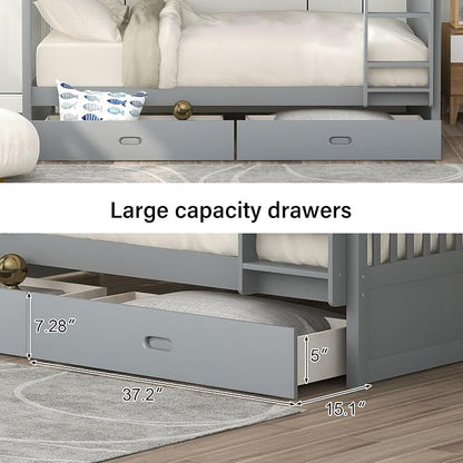Merax Wood Bunk Bed with Drawers,Convertible Wood Bunk Bed with Ladders and Two Storage Drawers,Solid Wood Detachable Bunk Bed Frame with Ladders,Twin Over Twin Size,Grey