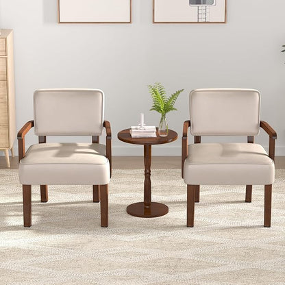 FAGAGA Accent Chairs Set of 2 with Table, PU Leather Chair for Living Room Oversized Armchair with Soft Seat and Armrests for Bedroom Dinning Reading Waiting Room (Leather Beige)