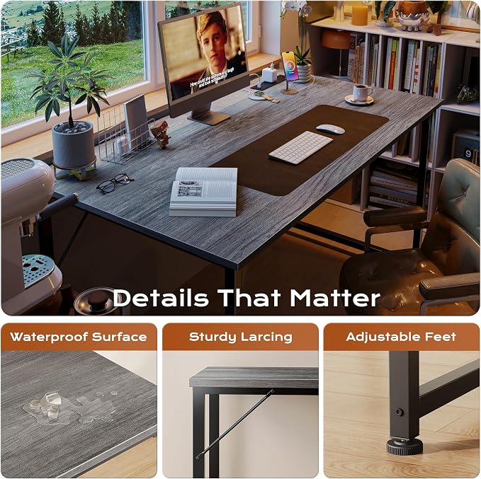 PRAISUN 47 X 24 Inch Deeper Desk with Power Outlets | Computer Desk for Bedroom, Office Desk for Work from Home, Writing Study Gaming Table, Stable Metal Frame, Grey