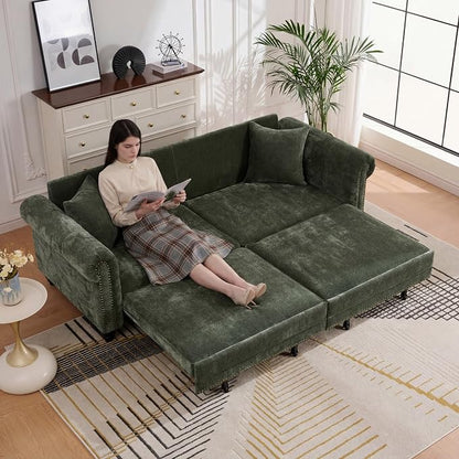 KEIKI King Size Pull Out Sofa Bed 3 in 1 Classic Modern Convertible Sleeper Chenille Upholstery Nailhead, Rolled Arm Sturdy Metal Frame 600 lbs for Living Room Apartment Office Small Spaces, Green