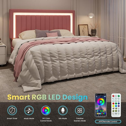 SHA CERLIN King Size Velvet Bed Frame with LED Light, Adjustable Vertical Channel Tufted Headboard, Strong Wooden Slats Support, Noise-Free, No Box Spring Needed, Pink