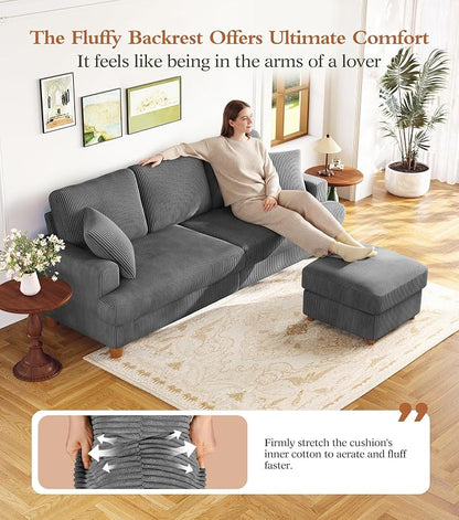Kidirect 87in L Shaped Couch, Modular Sofa No Tool Assembly, Comfy Sectional Couches for Living Room 21in Deeper Seats, Corduroy Sofas for Living Room with 2 Pillows, Loveseat Sofa Set, Grey Couch