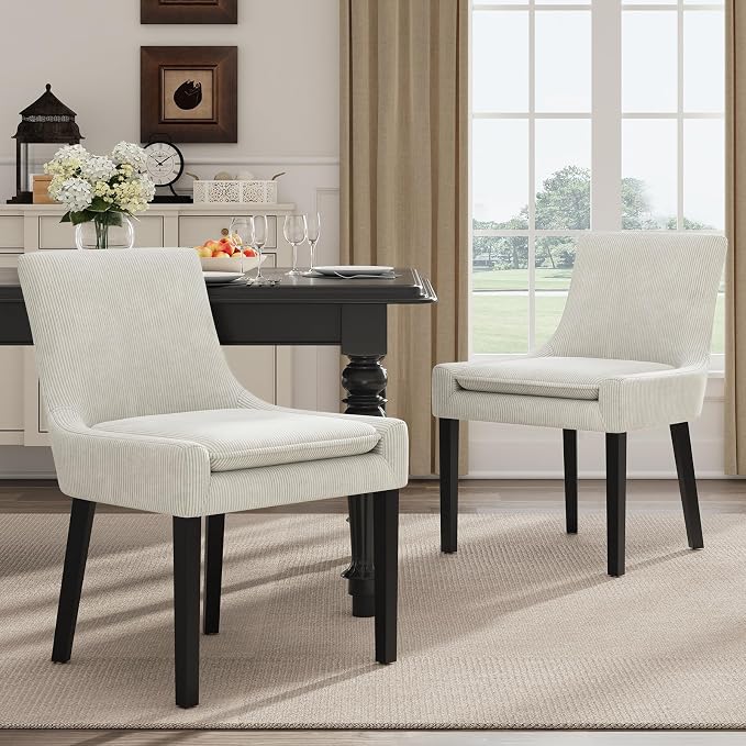 Modern Dining Room Chairs Set of 2 with Mid Back and Wood Legs, Upholstered Kitchen Chairs for Dining Room/Living Room, Beige