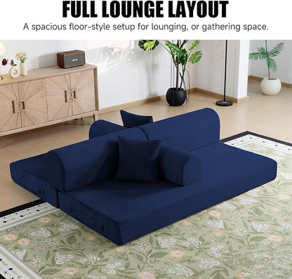 78.8" Memory Foam Boneless Couch, Corduroy Floor Sofa Bed, Convertible Sleeper Futon Loveseat, Wide Armrests & Back Support, Supports Up to 1200 lbs, Couch in a Box with 2 Pillows, Navy Blue