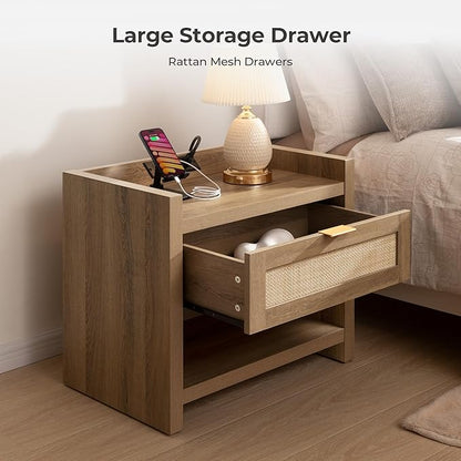 SICOTAS Night Stand Set of 2 Nightstands - Rattan Bed Side Table with Drawer Storage,Type-C Charging Station End Table - Boho Bedside Night Stands for Bedroom - Natural Oak