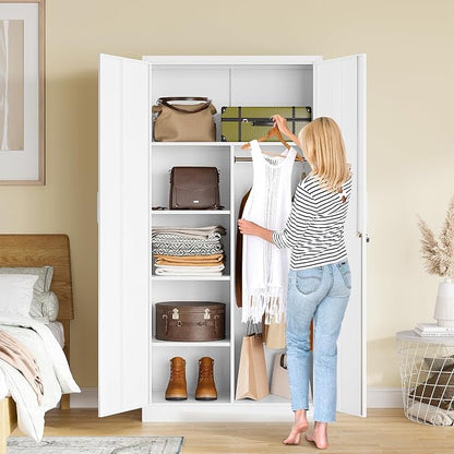 White Wardrobe Cabinet with Lock and Hanging Rod,72" Armoire Closet with Shelf,Lockable Storage Locker,Metal Storage Cabinet with Locking Doors,Steel Wardrobe for Home,Bedroom,Office,Employee,Shop