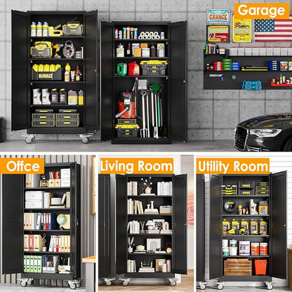 PAOFIN 71''H Tall Metal Garage Storage Cabinet with Wheels,Steel File Cabinets with 2 Doors and 4 Adjustable Shelves for Home Office, Warehouse, Required Assembly,Black