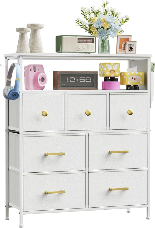 Dresser TV Stand with Power Outlets and LED Lights, 7 Drawers Dresser with Side Pocket, Fabric Chest of Drawers with PU Finish, Sturdy Frame & Wood Top (White)
