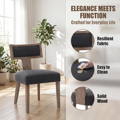 HNY Mid Century Modern Dining Chairs Set of 2, Farmhouse Linen Fabric Upholstered Accent Chairs Curved Nailhead Trim Backrest Kitchen Chairs, with Hardwood Frame, Charcoal