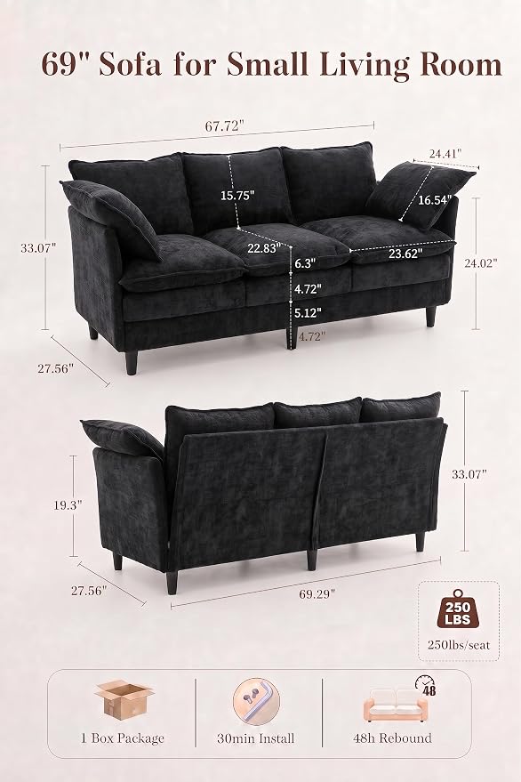 KYJ 69 Inch Small Sofa, 3-Seater Loveseat Couch with Cloud 2 Layer Cushion, 22.8" Deep Seat, Oversized Pillows, Chenille Fabric, Compact for Small Spaces,Apartment, Living Room, Studio, Office, Black