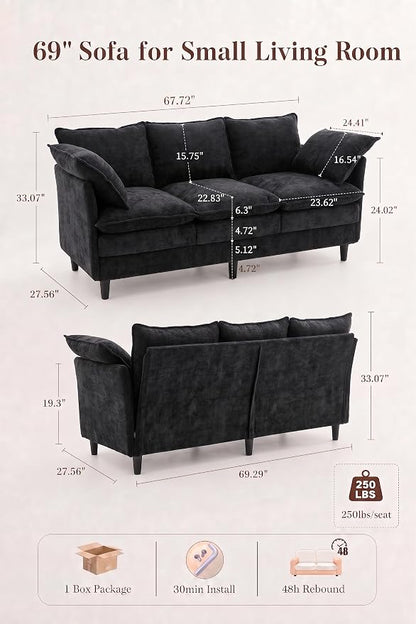KYJ 69 Inch Small Sofa, 3-Seater Loveseat Couch with Cloud 2 Layer Cushion, 22.8" Deep Seat, Oversized Pillows, Chenille Fabric, Compact for Small Spaces,Apartment, Living Room, Studio, Office, Black