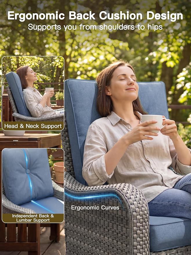 9-Piece Patio Furniture Set, Outdoor Swivel Rocking Chairs with 4" Thick Cushions & Side Table, All-Weather PE Rattan & Rust-Resistant Steel Frame Conversation Set for Porch, Garden, Backyard, Blue