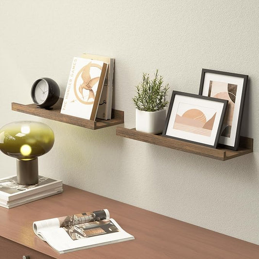 Boswillon Floating Shelves for Wall, Wall Mounted Shelves Set of 2, Rustic Shelves with Lip, Display Picture Ledge Shelf for Wall Decor Living Room Bathroom Kitchen - Brown