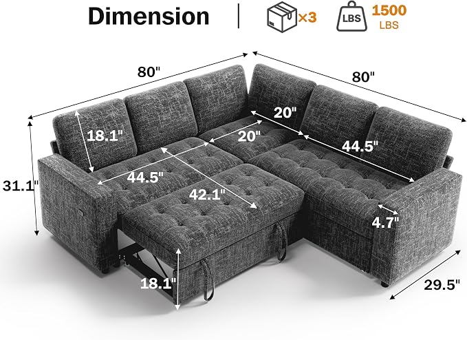 Vipbear 5 Seat L Shaped Modular Sectional Sleeper Sofa Bed with Pull Out Bed/Reclining Backrest/USB Ports/Storage Seat, Sectional Sleeper Couch, Tool-Free Assembly, Chenille Dark Grey