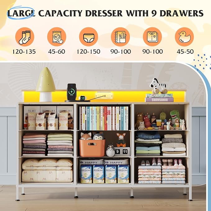 WLIVE Dresser TV Stand for 45, 50, 55 inch TV, Entertainment Center with LED Lights & Charging Station, Chest of Drawers with 9 Fabric Drawers for Living Room, Cream White