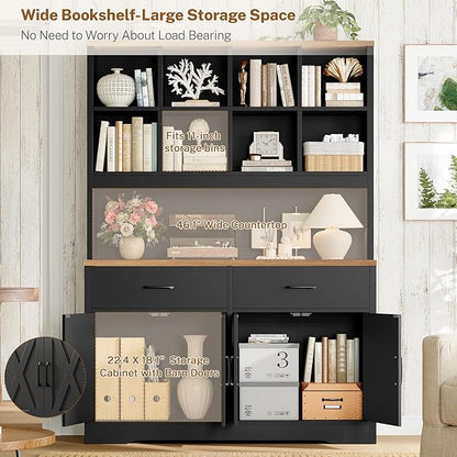 TEENFON Storage Cabinet with Doors and Drawers, Pantry Cabinets, 5 Tier Floor Standing Bookshelves, Bookshelf and Bookcase, 8 Open Storage Shelves and Printer Stand for Study, Living Room, Office