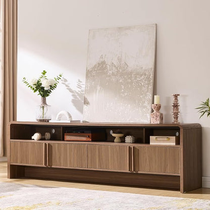 AMERLIFE 70" Fluted Wood TV Stand for TVs up to 80", Media Console Entertainment Center with Storage Cabinets for Living Room, Brown