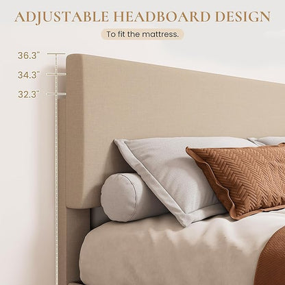 SHA CERLIN Linen Upholstered King Size Bed Frame with Headboard, Beige | Adjustable Low-Profile Platform Bed, Minimalist Design, Stable Mattress Foundation, Strong Back-Support, No Box Spring Needed