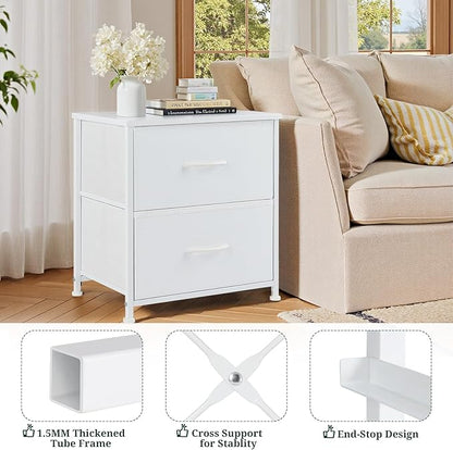 Nightstand Set of 2, Small 2 Drawer Dresser End Table Bedside Furniture, Wooden Top Fabric Bins for Bedroom, Closet, Entryway, Dorm, 11.8" D x 18" W x 20", White