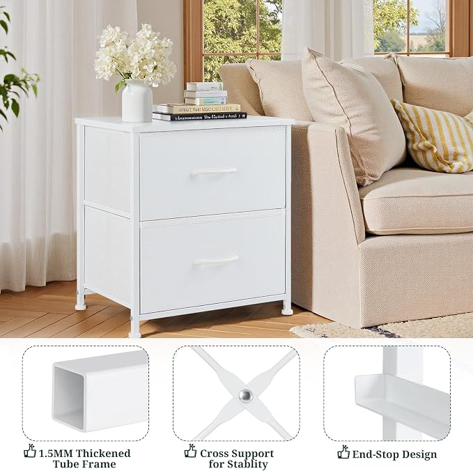 Nightstand, Small 2 Drawer Dresser End Table Bedside Furniture, Wooden Top Fabric Bins for Bedroom, Closet, Entryway, Dorm, 11.8" D x 18" W x 20", White