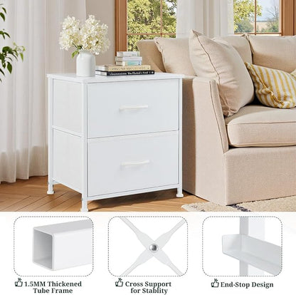 Nightstand, Small 2 Drawer Dresser End Table Bedside Furniture, Wooden Top Fabric Bins for Bedroom, Closet, Entryway, Dorm, 11.8" D x 18" W x 20", White