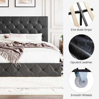 SHA CERLIN Upholstered King Platform Storage Bed Frame with 4 Drawers, Adjustable Headboard with Faux Leather Diamond Button Tufted Design, Wooden Slat Support, No Box Spring Needed, Black