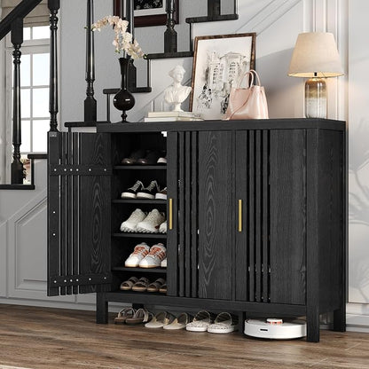 UNIQUITE Wooden Shoes Cabinet with 3 Doors and Adjustable Shelves, Retro Freestanding Shoe Organizer Cabinet for Entryway Hallway Living Room, 5-Tier Shoe Cabinet for 30 Pairs, Black
