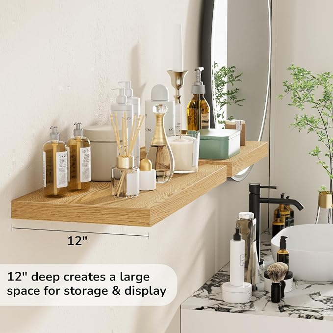 Fun Memories Floating Shelves - 2 Pack 12 Inch Deep Rustic Wooden Wall Shelves - Extra Deeper & Thicker Wall Mounted Storage Shelf for Living Room, Kitchen, Farmhouse - 24" W x 12" D x 1.5" H - Oak